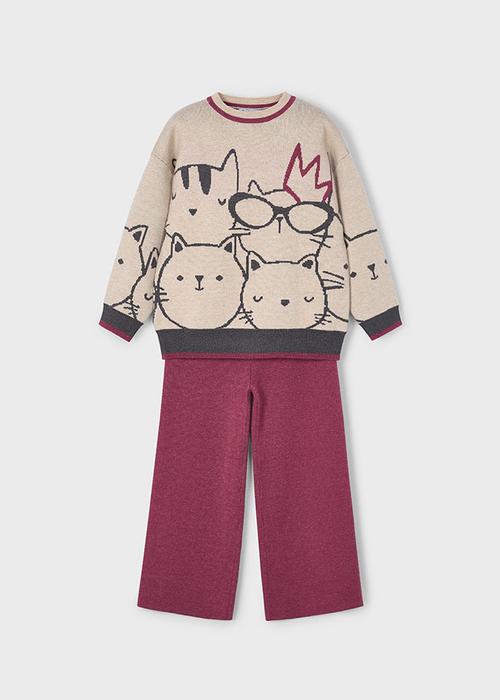 2-Teiler Strickanzug beige weinrot Katze Mayoral2