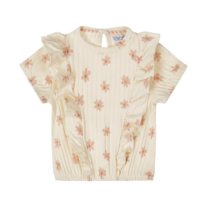 T-Shirt Top Mädchen Sommer kurzarm gerippt creme mit Blumen 86 92 98 104 110 116