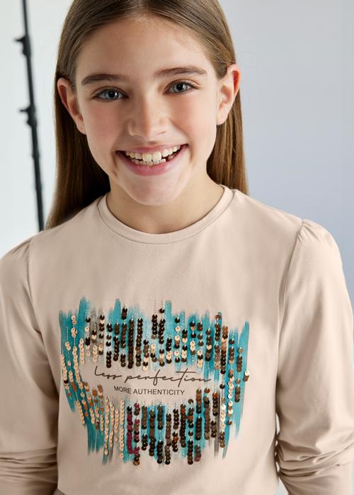 Langarmshirt Beige Türkis Pailletten Mädchen Mayoral